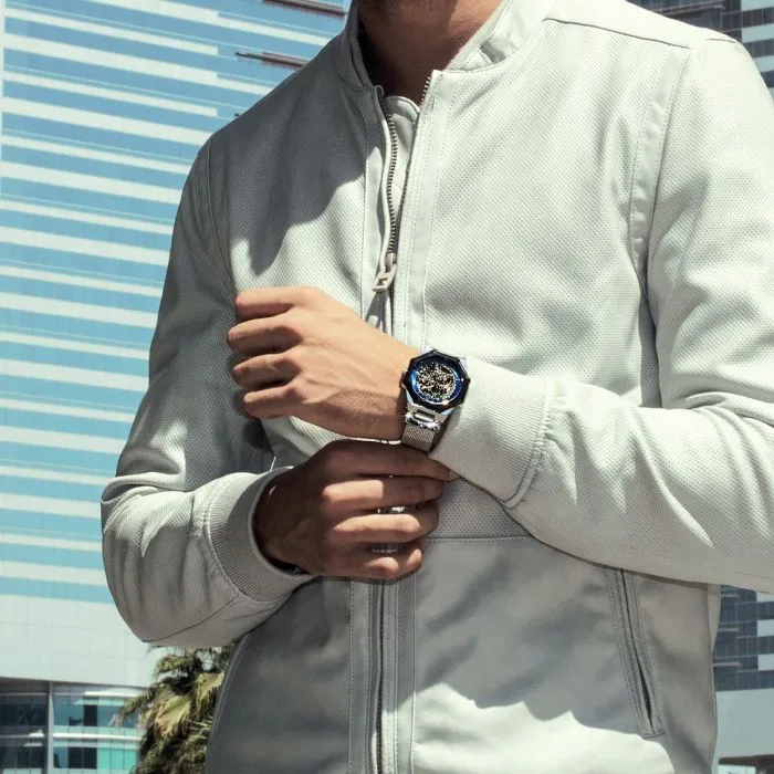 Montignac - Montre Octagon Automatique Maille Milanaise Grise & Bleue – Image 2